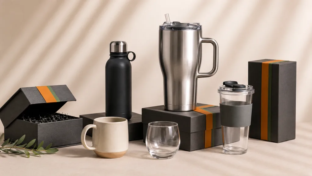 A selection of drinkware and gift packaging styles