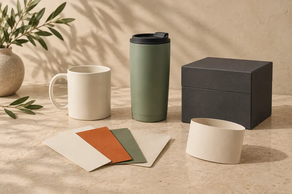 AI-generated concept of a white mug, green travel cup, black presentation box and paper samples.
