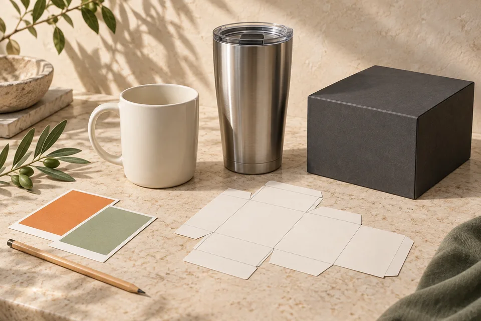 AI-generated planning concept with a ceramic mug, travel cup, gift box, color cards and a packaging layout on a warm neutral desk.